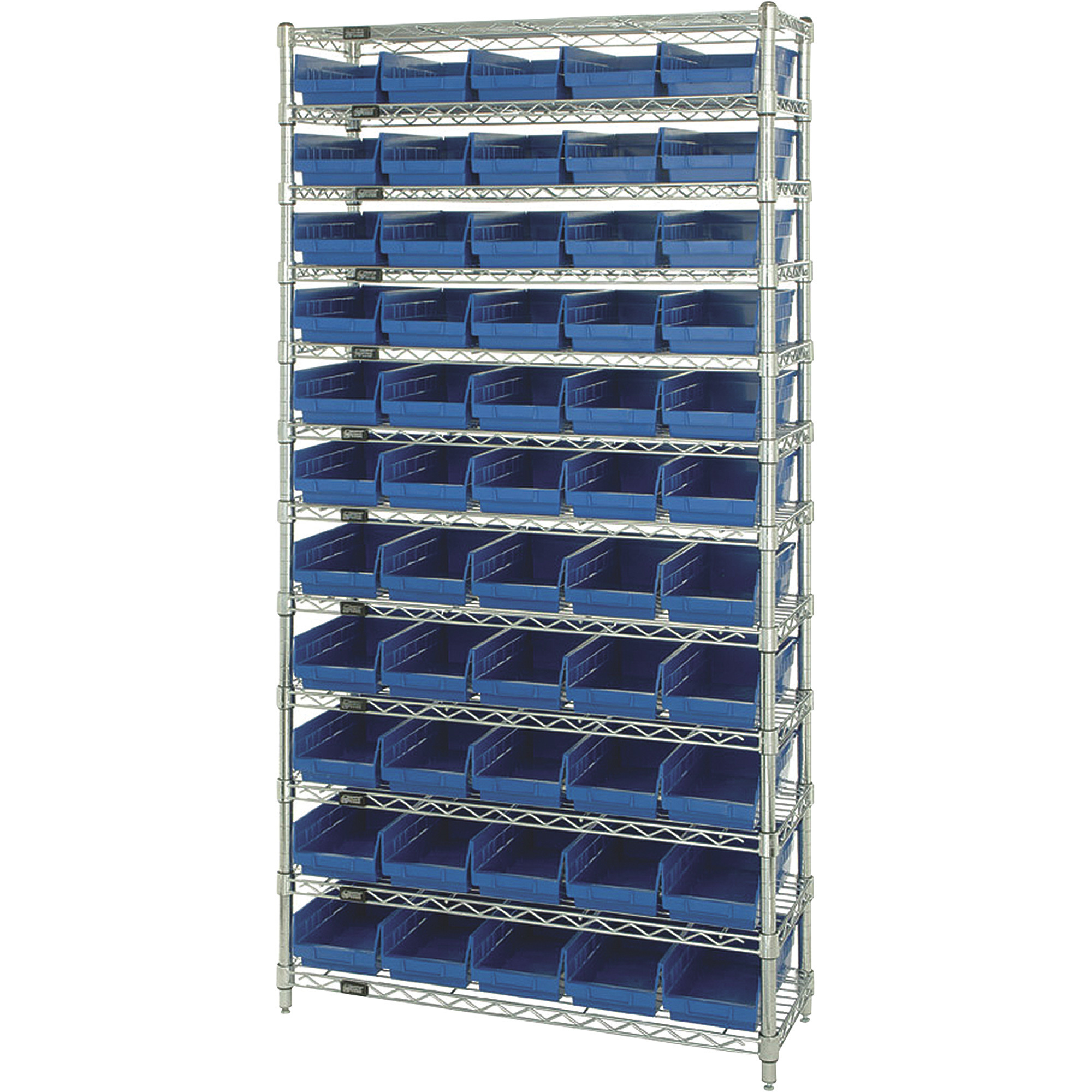 Quantum Storage Single Side Wire Chrome Shelving Unit with 55 Bins, 36in.W x 12in.D x 74in.H, Blue, Model# WR12-102BL